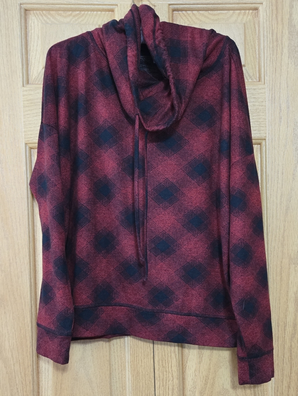 Maurices Burgundy and Black Plaid Cowl Neck Sweatshirt
